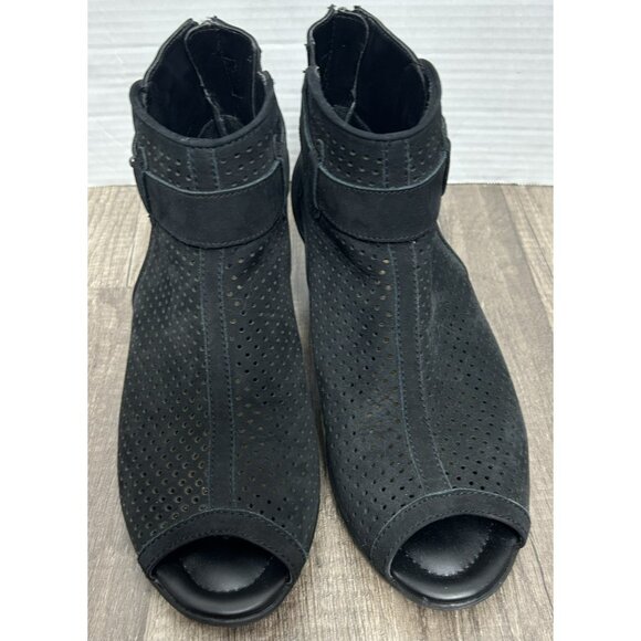 Earth Sandals Intrepid Black Leather Ankle Peep Toe Heels Shoes Womens Size 8.5B - Picture 3 of 13